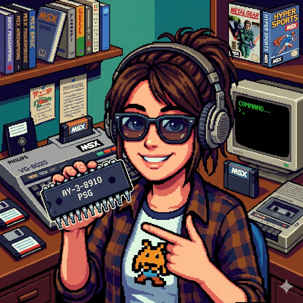 Pixel art of a woman holding an AY-3-8910 PSG chip at an MSX desk