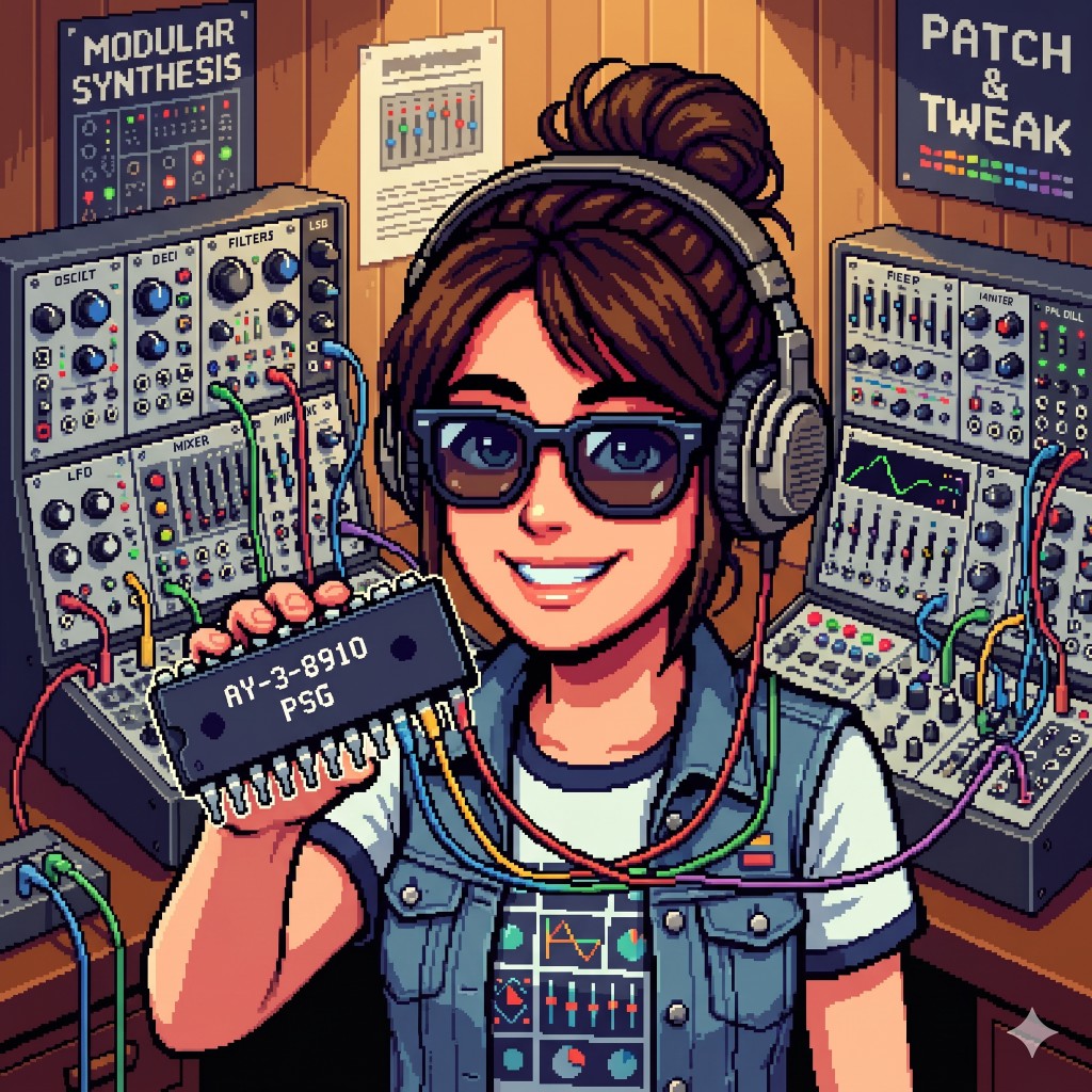 Pixel art of a woman with headphones holding an AY-3-8910 PSG chip in a modular synth studio