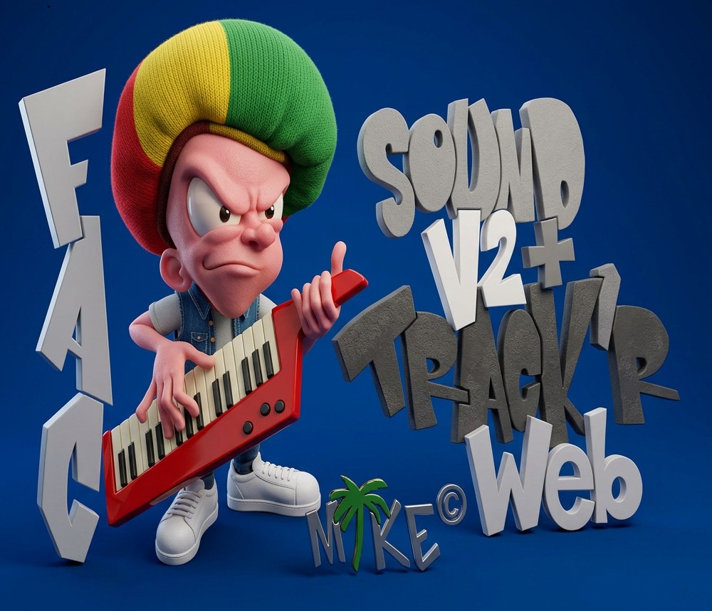 FAC Soundtracker 2+ Web 3D splash with keytar character and V2+ Web title