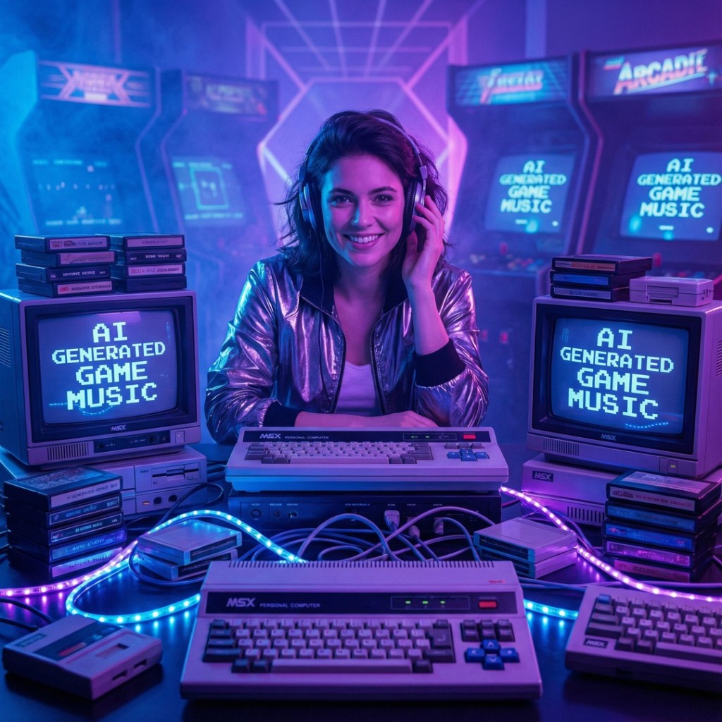 Woman with headphones among MSX computers and CRT screens reading AI Generated Game Music