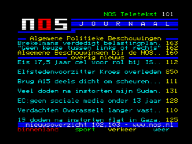 NOS Teletekst page 101 — news journal on MSX2