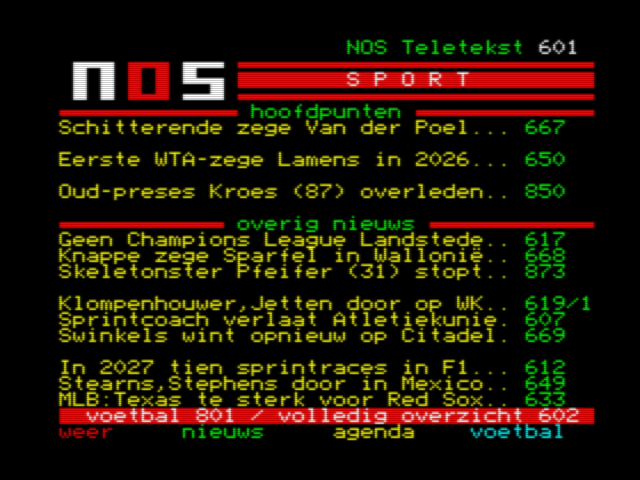 NOS Teletekst page 601 — sport on MSX2
