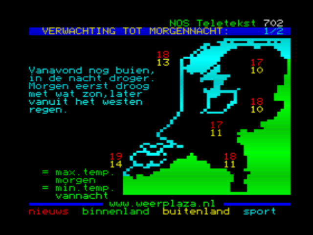 NOS Teletekst page 702 — weather forecast on MSX2