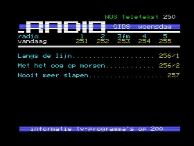 NOS Teletekst page 250 — radio guide on MSX1