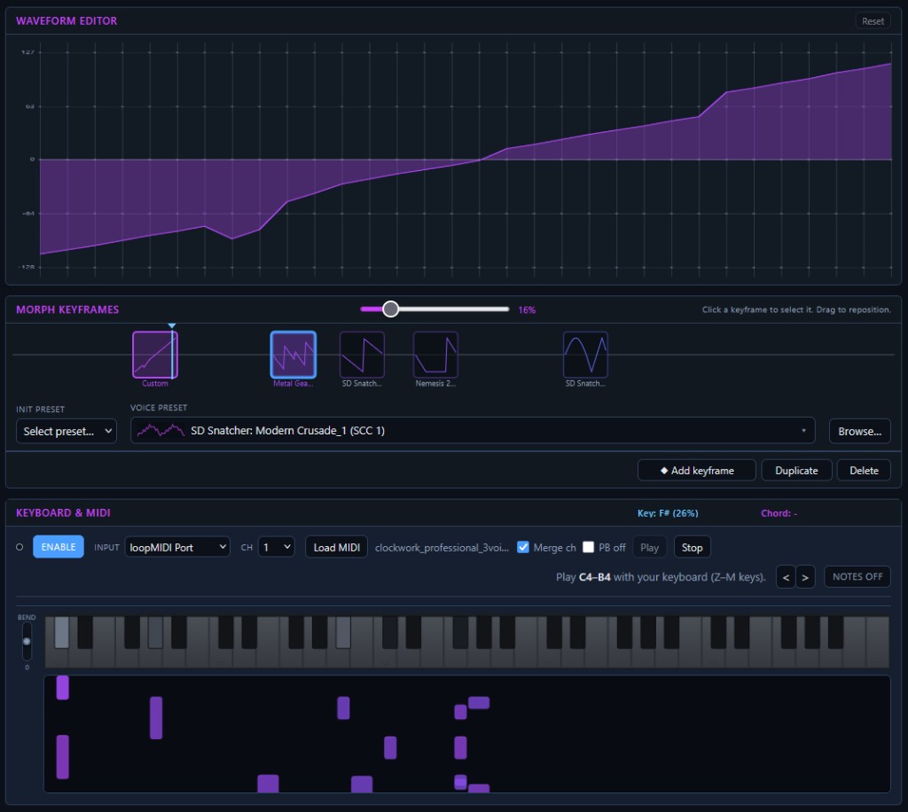 SCC+ synthesizer UI — waveform editor, morph keyframes, and MIDI keyboard